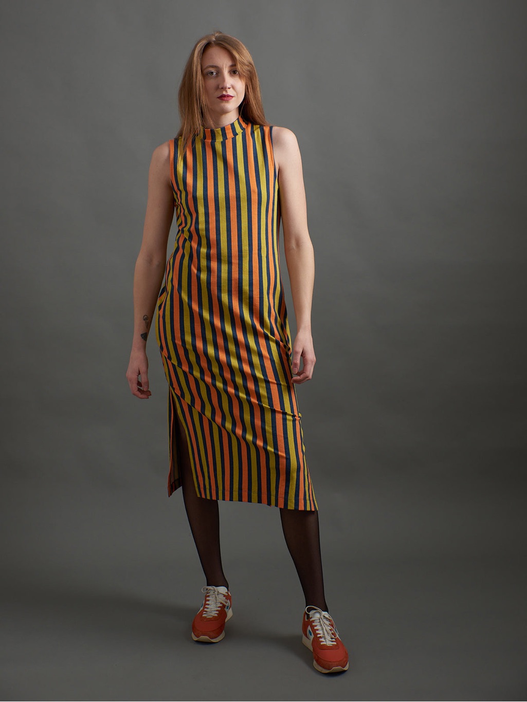 Mata Traders Maggie Mock Neck Dress Navy Chartreuse Stripe